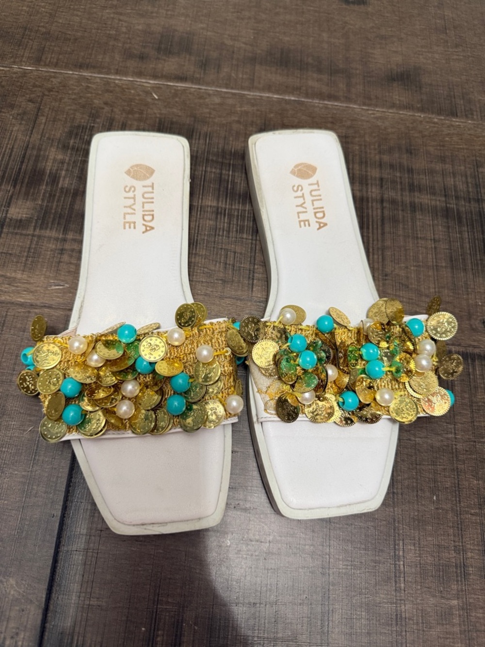 TULIDA  Slide Sandals with Gold Coin & Turquoise Embellishments SIZE 7